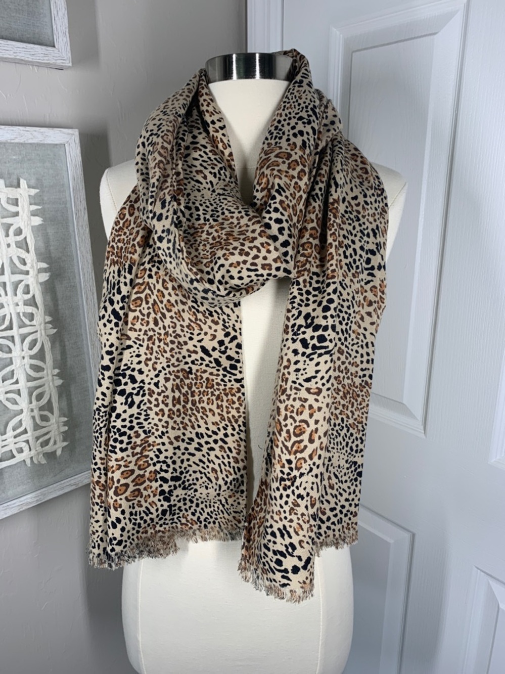 Talbots tan and black animal print scarf wool and silk bkend
